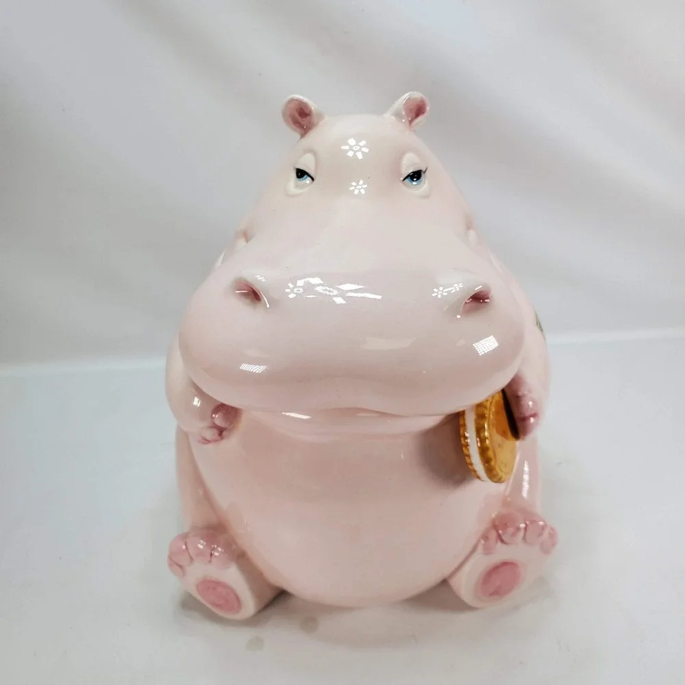 Fitz Floyd Hippo Cookie Jar Pink Vintage 1980 Japan Hand Painted Kitsch Ceramic